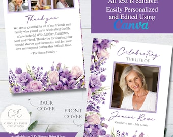 May include: A 4-page funeral program template with a floral design in shades of purple and lavender. The front cover features a photo and the text "Celebrating The Life Of". The back cover includes a "Thank You" message. Available in 10x7 and 11x8.5 inch sizes.