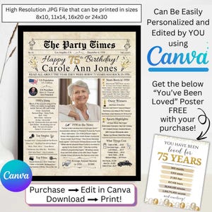 Póster de periódico personalizado para el 75.° cumpleaños, datos de 1950 para el 75.° cumpleaños de adultos, regalo de cumpleaños imprimible para mujeres y hombres, DESCARGA DIGITAL