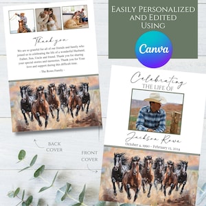 Editable Cowboy Cowgirl Western Horses Mountain Photo Memorial Funeral Program Template, Printable Celebration of Life, Honoring in Memory