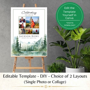 May include: A digital template for a memorial poster featuring a collage of photos and a watercolor landscape with mountains and a lake. The text "Celebrating the Life of" and "Jackson Rowe" is included. The poster is editable in Canva and is available as a digital download.