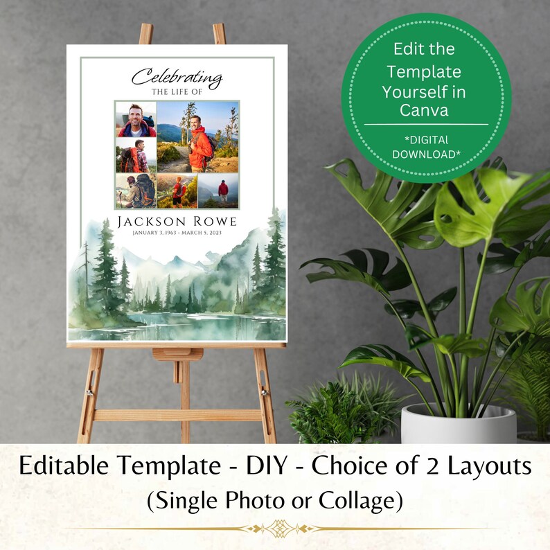 May include: A digital template for a memorial poster featuring a collage of photos and a watercolor landscape with mountains and a lake. The text "Celebrating the Life of" and "Jackson Rowe" is included. The poster is editable in Canva and is available as a digital download.