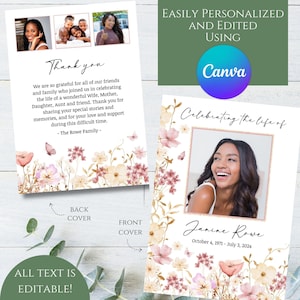 Può includere: Biglietto commemorativo con design floreale e foto di una donna. La copertina recita "Celebrating the life of Janine Rowe" con le date. La copertina posteriore include un messaggio di ringraziamento dalla famiglia Rowe. Testo modificabile.