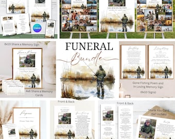 May include: Funeral bundle with a fishing theme. Includes a 4-page funeral program, 8x10 share a memory sign, 4x6 share a memory cards, a gone fishing poem, an in loving memory sign, a prayer card, a bookmark, and a thank you card. All items feature a watercolor illustration of a man fishing in a lake.