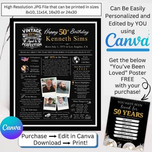 Personalized 50th Birthday Newspaper Poster, Back in 1975 Facts for 50 Adult Birthday, Printable Birthday Gift for Woman Man, DIY Canva Edit