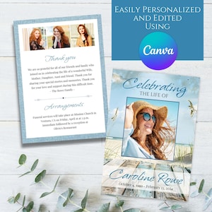 May include: A blue and white memorial card featuring a photograph of a woman wearing a straw hat and sunglasses. The text "Celebrating the Life of Caroline Rowe" is printed on the card. The dates "October 4, 1990 - February 13, 2024" are also printed on the card.