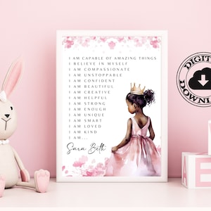 African American Personalized Name Positive Affirmations Art Print, Black Girl Affirmations Wall Art, Toddler Bedroom, Princess Downloadable
