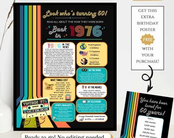Retro 50th Birthday Newspaper Poster, 1976 Facts 50 Years Adult Birthday, Printable Decor Gift for Women Men, Digital Download NOT EDITABLE
