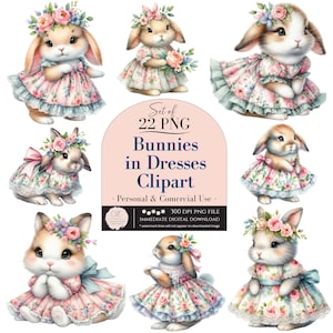 Watercolor Bunny Rabbit Clipart, Bunnies in Dresses Clipart, Cute Bunny Rabbit Digital Art, Nursery Decor, PNG Commercial Use