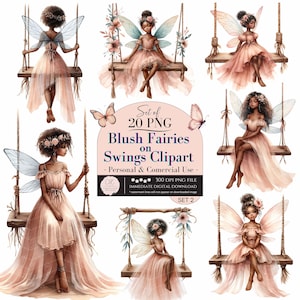 Può includere: Set di 20 immagini clipart digitali di fate colorate in tonalità rosate, con pelle scura e capelli scuri, ciascuna seduta su un'altalena con accenti floreali. Il testo "Set of 20 PNG Blush Fairies on Swings Clipart - Personal & Comercial Use -" è visualizzato su uno sfondo rosa.