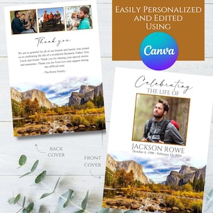 Editable Yosemite Mountain Outdoors Forest Hiker Photo Memorial Funeral Program Template Printable Celebration Celebrating the Life Honoring