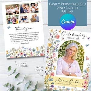 Può includere: Un modello di biglietto commemorativo floreale con una foto di una donna e il testo "Celebrando la vita di Alicia Cobb 4 ottobre 1990 - 13 febbraio 2024". Il retro del biglietto contiene un messaggio di ringraziamento e spazio per le foto.