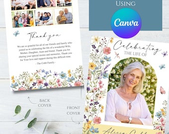 Bewerkbare wilde bloemen bloemen vlinder libellen Memorial begrafenis programma sjabloon, afdrukbare bloem viering viering van het leven, canvas DIY