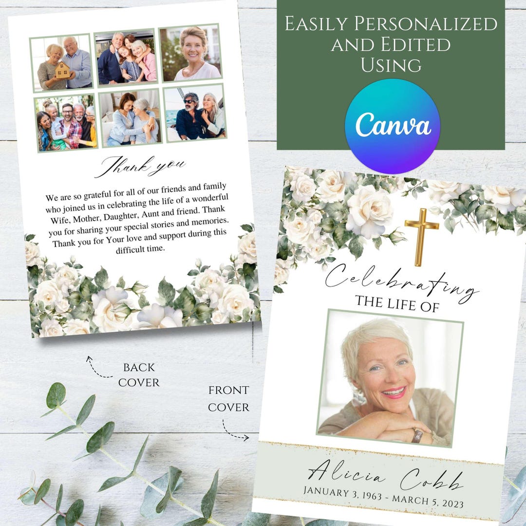 Editable White Roses, Greenery and Gold Flowers Floral Memorial Funeral ...