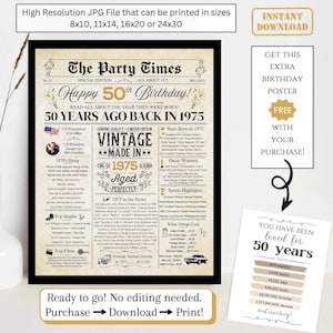 50th Birthday Newspaper Poster, 1975 Facts for 50 Years Adult Birthday, Printable Decor Gift for Women Men, Digital Download NOT EDITABLE