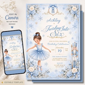 May include: A digital birthday invitation template featuring a ballerina in a blue tutu, a nutcracker, and snowflakes. The text reads Ashley is Twirling Into Six, Join Us For A Ballerina Birthday Celebration, Saturday December 19, 2:00 PM.