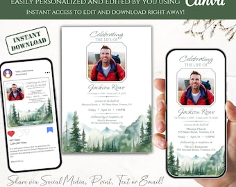 Mountain Photo Funeral Invitation Template, Editable Memorial Service (Digital Download)