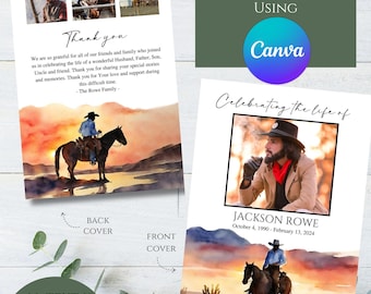 Editable Cowboy Western Outdoors Mountain Photo Memorial Funeral Program Template Printable Celebration Celebrating the Life Honoring Memory
