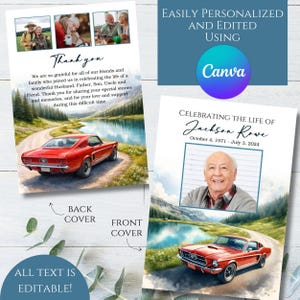 May include: A memorial card featuring a red classic car on a lakeside road. The front cover displays "Celebrating the Life of Jackson Rowe" with a photo and dates. The back cover says "Thank you" with a message.