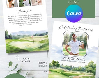 Editable Golf Outdoors Photo Funeral Program Template, Printable Celebration of Life, Celebrating Memorial, Honoring the Memory DIY Editable