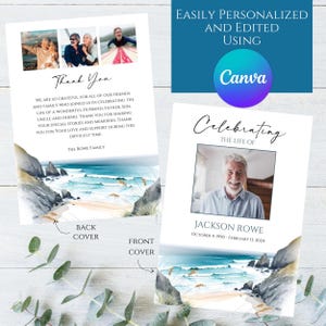 Bewerkbare pagina met 4 pagina&#39;s Strand buiten Oceaan Foto gedenkteken Begrafenisprogrammasjabloon Afdrukbare viering Viering van het leven Collage ter ere van