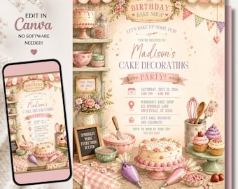 May include: A digital birthday party invitation template featuring a bakery theme with pink and cream colors. The text reads The Birthday Bake Shop, Madison's Cake Decorating Party, Saturday July 12 2026, 2:00 PM - 4:00 PM, and Madison's Bake Shop 125 Sprinkle Lane Sweetville, ST 12345.