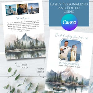 Editable Fishing Mountain Outdoors Fisherman Photo Memorial Funeral Program Template Printable Celebration Celebrating the Life Honoring
