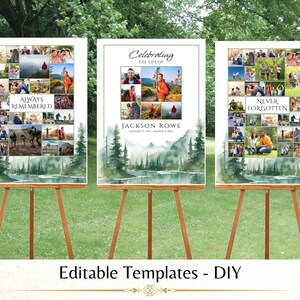 May include: Three printable memorial templates with a watercolor forest background and photo collage. The text on the templates reads "Always Remembered", "Celebrating the Life of Jackson Rowe January 5, 1941 - March 5, 2023", and "Never Forgotten".