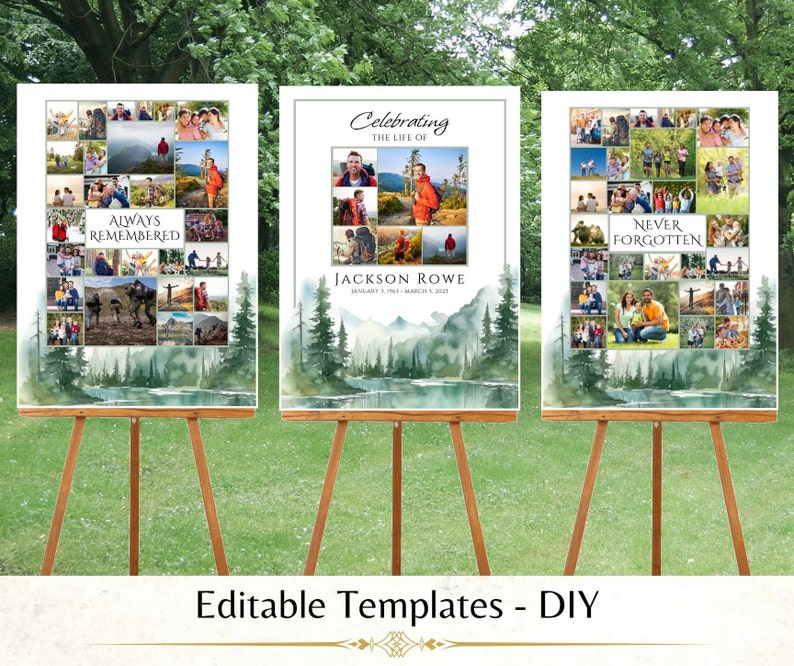 May include: Three printable memorial templates with a watercolor forest background and photo collage. The text on the templates reads "Always Remembered", "Celebrating the Life of Jackson Rowe January 5, 1941 - March 5, 2023", and "Never Forgotten".