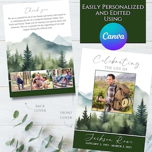 Könnte beinhalten: Eine Gedenkkarte mit einem Aquarellhintergrund eines Waldes und Bergen. Die Karte zeigt ein Foto eines Mannes im Wald und den Text "Celebrating the life of Jackson Rowe January 3, 1953 - March 5, 2023".