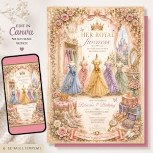 Princess Dress-Up Birthday Invitation, Princess Boutique Party, Her Royal Fiveness Fairytale Princess Invite , Editable Canva Template