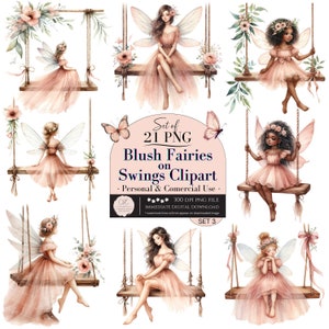 May include: Set of 21 digital clipart images of blush-colored fairies with wings, sitting on swings. The fairies have different hairstyles and expressions. The swings are decorated with flowers and greenery. The text "Set of 21 PNG Blush Fairies on Swings Clipart - Personal & Comercial Use - CFC 300 DPI PNG FILE IMMEDIATE DIGITAL DOWNLOAD *watermark lines will not appear on downloaded image SET 3" is visible in the image.