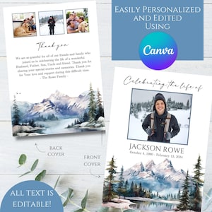 May include: A memorial card with a watercolor landscape design featuring mountains and a lake. The front cover includes a photo and the text "Celebrating the life of Jackson Rowe." The back cover says "Thank you."