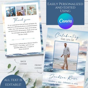 Bewerkbare pagina met 4 pagina&#39;s Strand buiten Oceaan Foto gedenkteken Begrafenisprogrammasjabloon Afdrukbare viering Viering van het leven Collage ter ere van