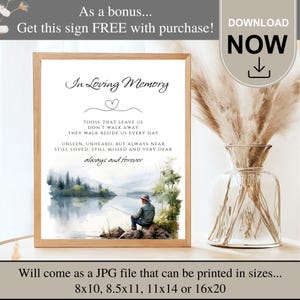 May include: A framed print with the words "In Loving Memory" and a watercolor image of a person fishing by a lake. The print includes the text "Those that leave us don't walk away, they walk beside us every day." The print is available in various sizes.