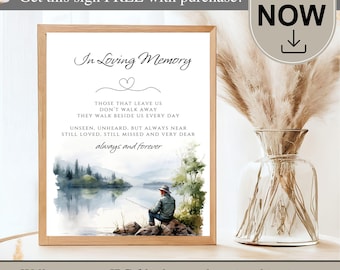 Peut inclure: Impression encadrée avec l'inscription "In Loving Memory" et une image à l'aquarelle d'une personne pêchant au bord d'un lac. Le texte comprend "Ceux qui nous quittent ne s'en vont pas, ils marchent à nos côtés chaque jour." Disponible en plusieurs tailles.