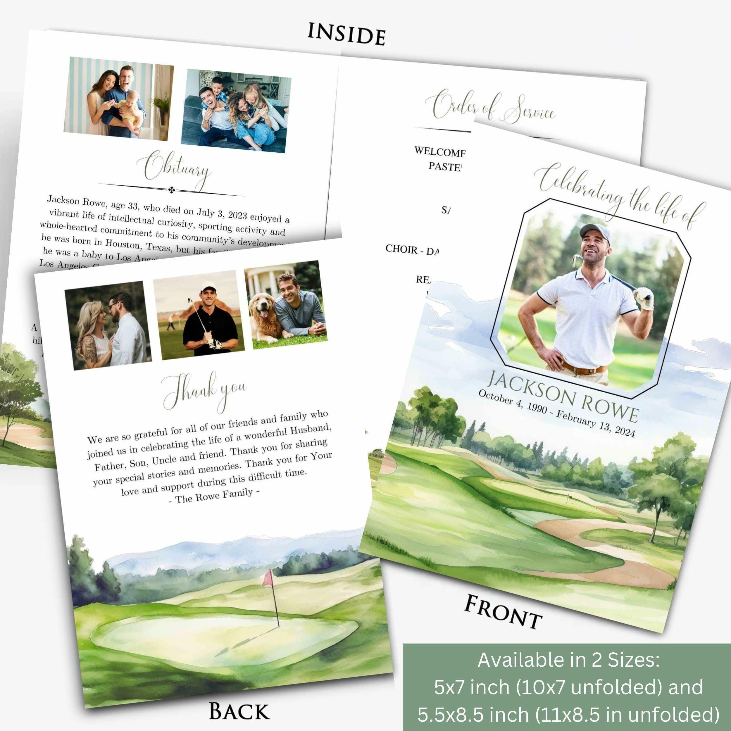 Editable Golf Outdoors Sunset Photo Memorial Funeral Program Template Printable Celebration ...