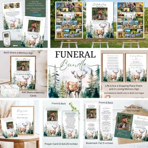 May include: Funeral program bundle featuring a watercolour deer design. Includes an 8x10 inch share a memory sign, 4x6 inch share a memory cards, a prayer card, a bookmark, and a thank you card.