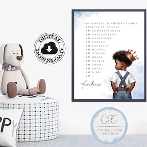 African American Personalized Name Positive Affirmations Art Print, Black Boy Affirmations Wall Art, Toddler Bedroom, Digital Downloadable