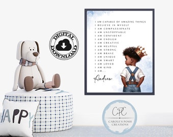 African American Personalized Name Positive Affirmations Art Print, Black Boy Affirmations Wall Art, Toddler Bedroom, Digital Downloadable