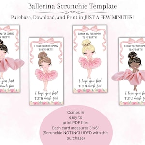 Plantilla de tarjeta Ballerina Scrunchie, favor de fiesta de bailarina de ballet, bailarina princesa personalizada etiqueta Scrunchie titular descarga digital editable