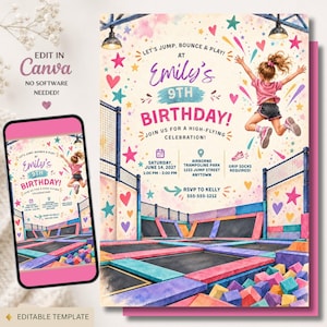 Puede incluir: Una plantilla de invitación de cumpleaños digital con un parque de trampolines, un niño saltando, estrellas y corazones coloridos. El texto dice: Let's jump, bounce & play! At Emily's 9th Birthday! Join us for a high-flying celebration!