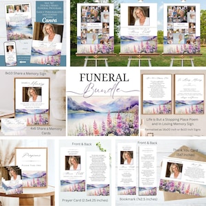 Puede incluir: Un conjunto de papelería funeraria con un paisaje en acuarela de flores de lupino moradas y montañas. Incluye un programa de 5x7, letreros de 8x10, tarjetas de memoria de 4x6, tarjetas de oración, marcapáginas y tarjetas de agradecimiento.