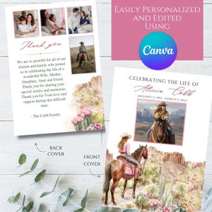 Editable Cowgirl Western Outdoors Horse Photo Memorial Funeral Program Template Printable Celebration Celebrating the Life Honoring Editable