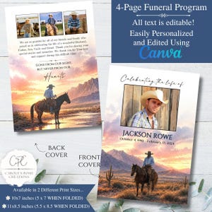Könnte beinhalten: Ein Trauerprogramm mit Cowboy-Thema. Die Titelseite zeigt ein Foto eines Mannes mit Cowboyhut und den Text "Celebrating the life of Jackson Rowe". Die Rückseite zeigt einen Cowboy auf einem Pferd. Das Programm ist in zwei Größen erhältlich.