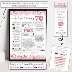 Zeitungsposter zum 70. Geburtstag, 1955 Fakten zum 70. Geburtstag für Erwachsene, Printable Decor Geschenk für Mama Blumen Pink Peonies Peony NICHT EDITIERBAR