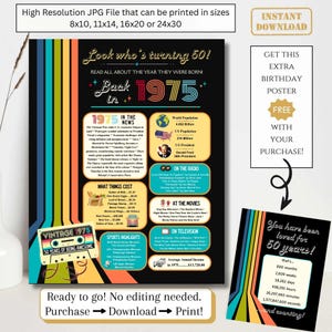 Retro 50th Birthday Newspaper Poster, 1975 Facts 50 Years Adult Birthday, Printable Decor Gift for Women Men, Digital Download NOT EDITABLE