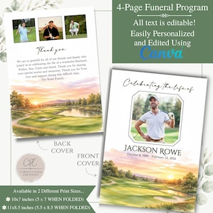 Golf Sunset Photo Memorial Funeral Program Template, Printable Celebration of Life (Canva Editable)