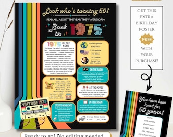 Póster retro de 50 cumpleaños, datos de 1975, 50 años de cumpleaños para adultos, regalo de decoración imprimible para mujeres y hombres, descarga digital (no editable)