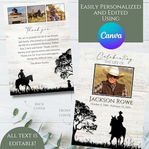 Modello di programma funebre commemorativo con foto rustica all'aperto, stile cowboy western, modificabile, stampabile, celebrazione che celebra la vita, onorando la memoria