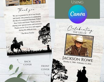 Editable Cowboy Western Outdoors Rustic Photo Memorial Funeral Program Template Printable Celebration Celebrating the Life Honoring Memory